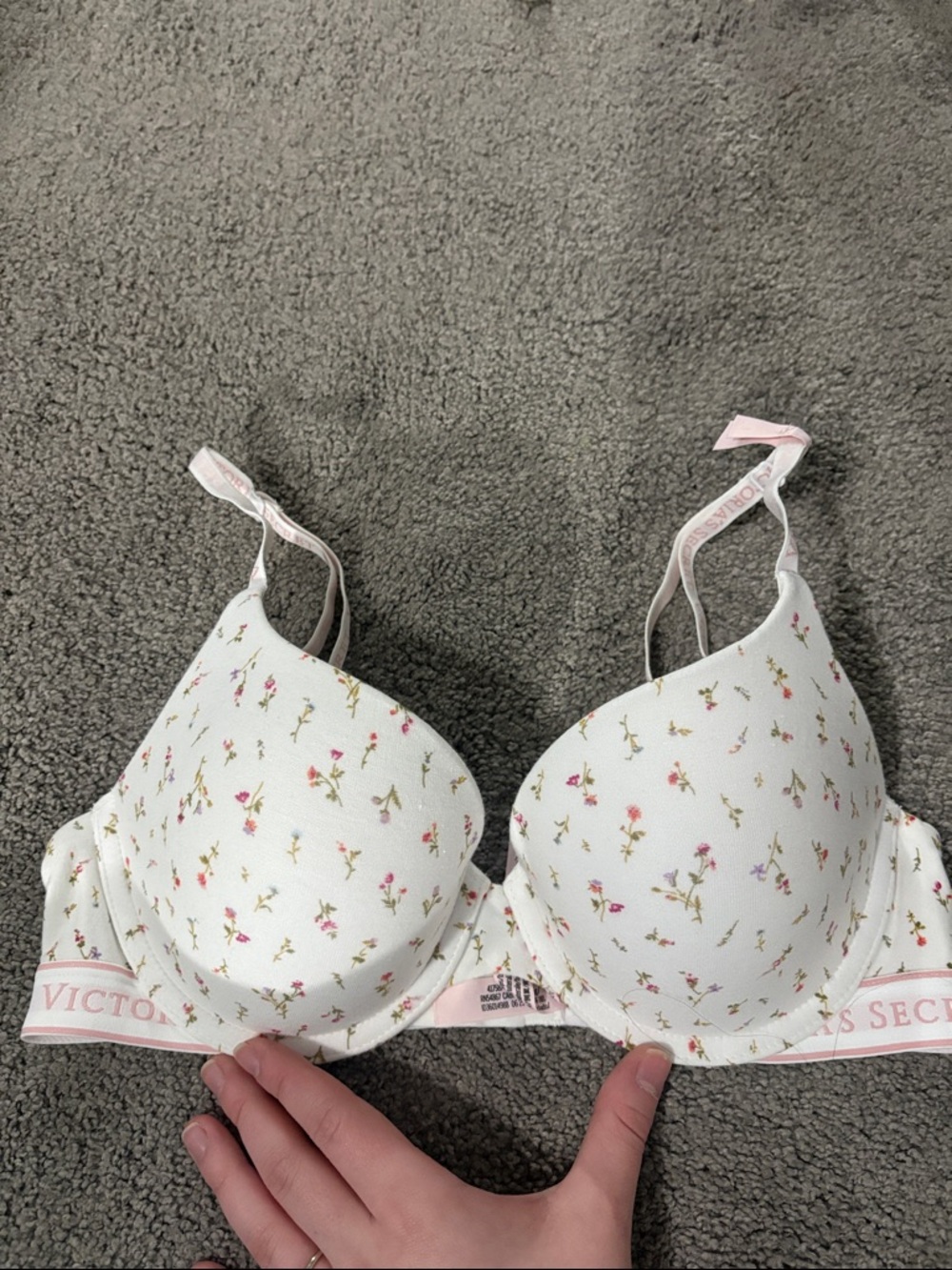 Victoria's Secret White Floral Molded T-Shirt Bra with Pink Details